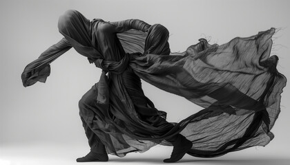Monochrome image of a person in flowing fabric, creating a dynamic and artistic silhouette with a sense of movement - obrazy, fototapety, plakaty