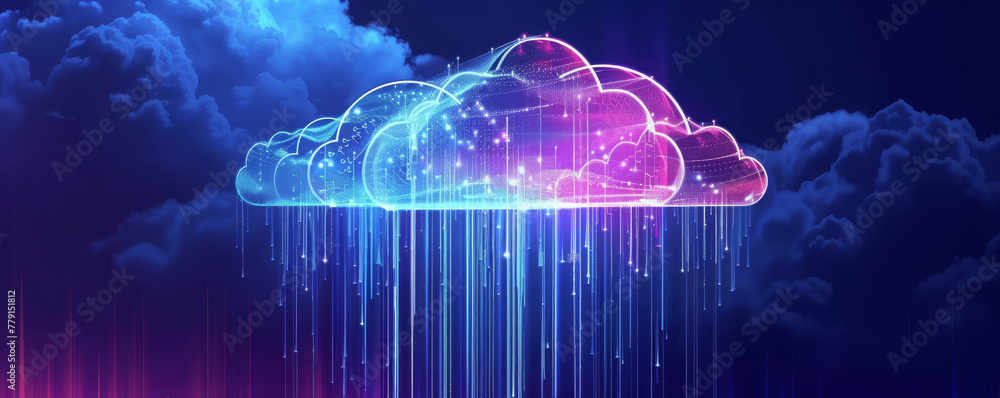 Poster neon glowing cloud concept illustration with digital data stream. cybernetic organism and futuristic