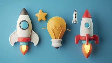 Set of 3D vector icons, including a light bulb for ideas, a megaphone for announcements, and a rocket for startups.