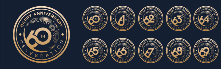 set of 60 to 69th anniversary logotype design, with golden fireworks for celebration event, wedding, and birthday, vector illustration