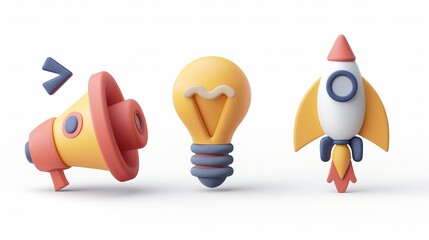 Set of 3D vector icons, including a light bulb for ideas, a megaphone for announcements, and a rocket for startups.