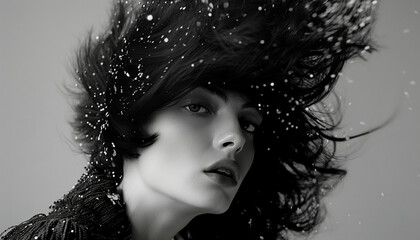 Monochrome portrait of a woman with dynamic hair movement and glitter, exuding elegance and mystery