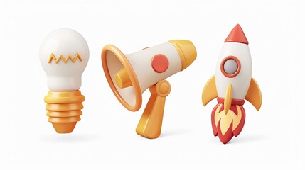 Set of 3D vector icons, including a light bulb for ideas, a megaphone for announcements, and a rocket for startups.