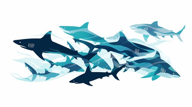 Striking vector artwork of sharks on a white background, masterfully crafted digitally.