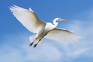 white heron in flight.