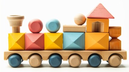 Stackable train toy for toddlers isolated on white. Wooden train made of geometric blocks. Colorful stacking train for kids.