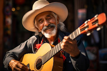 A Mexican senior man, hat-clad, strums guitar and sings on city street, Cinco de Mayo