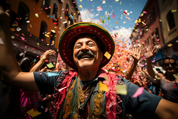 A senior mexican man in a sombrero hat is having fun during Cinco de Mayo