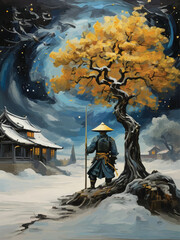 A samurai with tree and scenery between reality and fantasy vector customized design