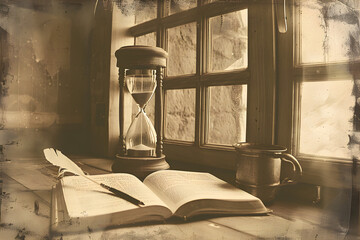 Vintage Hourglass and Quill - Memories Are Timeless Treasures Quote - obrazy, fototapety, plakaty