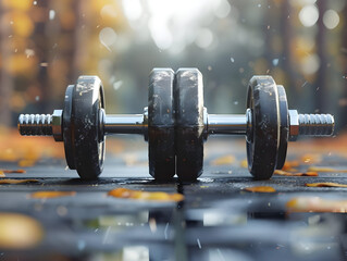 Barbell with weights on ground - Ai Generated
