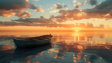 Boat on calm waters at sunset - Ai Generated - Powered by Adobe