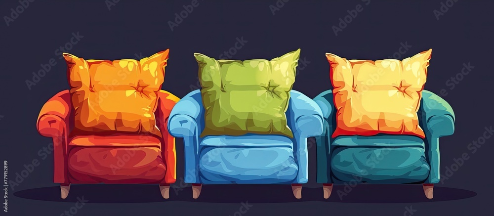 Aufkleber three vibrant chairs with pillows are neatly arranged in a symmetrical pattern on a dark background.