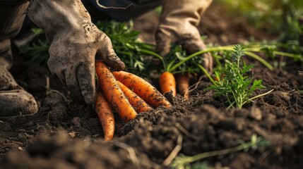 A man in gardening gloves pulls carrots out of the dirt close-up of his hands.