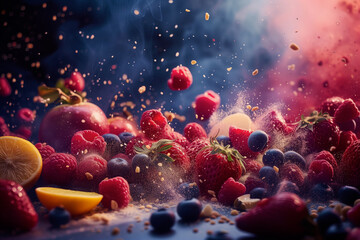Dynamic explosion of fresh fruits, capturing flying raspberries, blueberries, splash of grains against moody backdrop. vibrant still life with apple, lemon slices, berries in motion