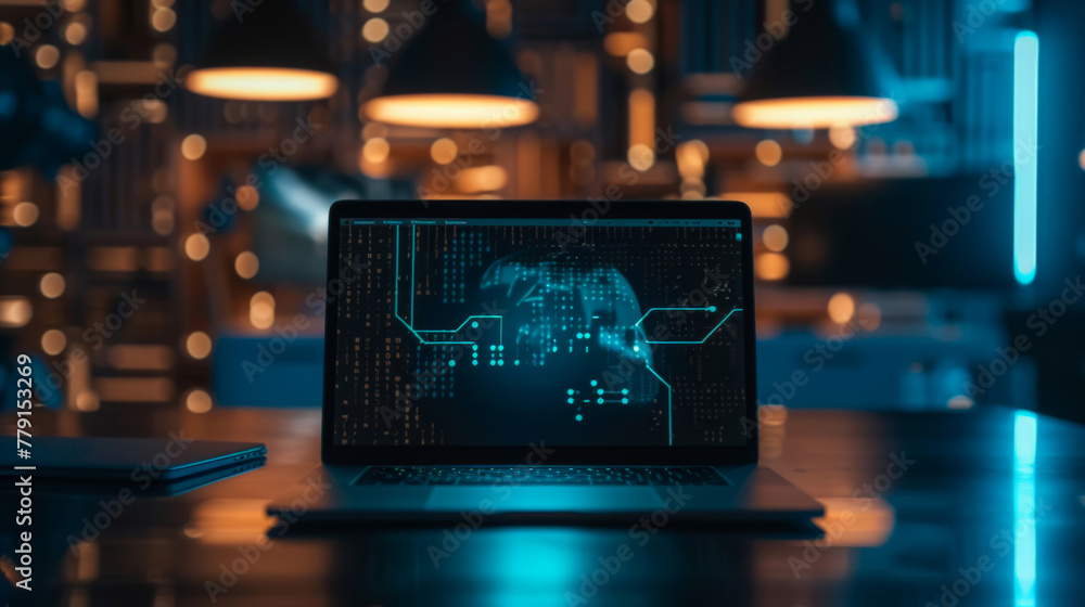 Poster a laptop is open on a table with a blue background. the screen is lit up with a bright blue light. t