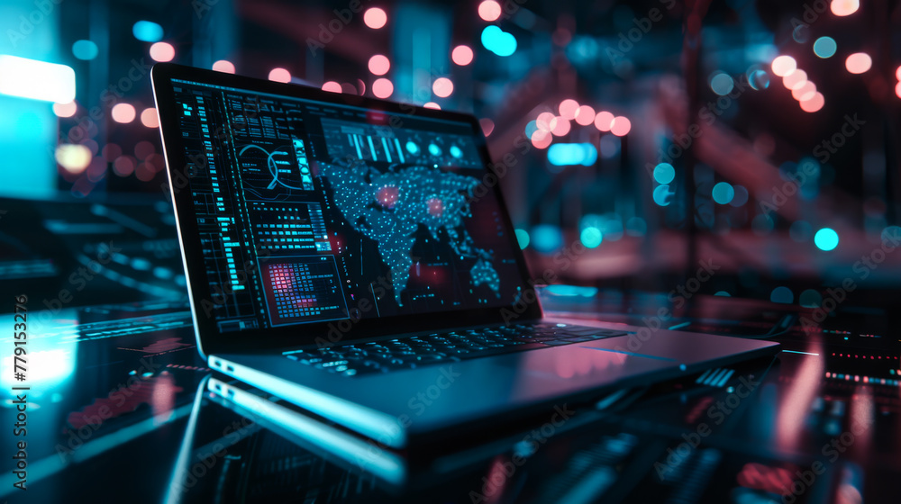 Poster a laptop is open on a table with a blue background. the screen is lit up with a bright blue light. t