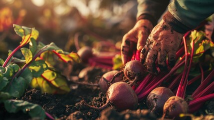 A man pulls beets out of the mud, close-up of his hands.