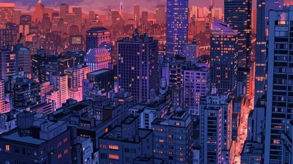 Foto op Canvas Vivid twilight cityscape with purple hues - A digital illustration of a sprawling cityscape bathed in neon purple and pink hues, vividly portraying urban life in the twilight hours © Mickey