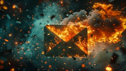 Fiery explosion of an envelop icon - A dramatic representation of a digital envelope icon engulfed in flames and sparks, symbolizing urgent or volatile communication - obrazy, fototapety, plakaty