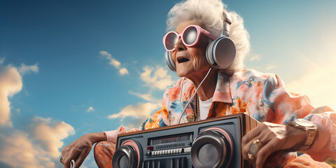 elderly woman listening to music on a retro boombox, tape recorder. Disco leisure hobby. Grandma, Mom. Active stylish grandmother pensioner wearing pink sunglasses on cloudy sky background.