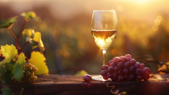 Golden hour with wine and grapes - A glass of white wine with vineyard and sun setting in the background