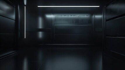 Futuristic black minimalistic room - A sleek, minimalistic black room with ambient lighting that gives a futuristic and modern feel