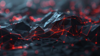 Futuristic red polygonal landscape in darkness - Abstract concept of a red illuminated, low poly style landscape against a dark and moody background - obrazy, fototapety, plakaty
