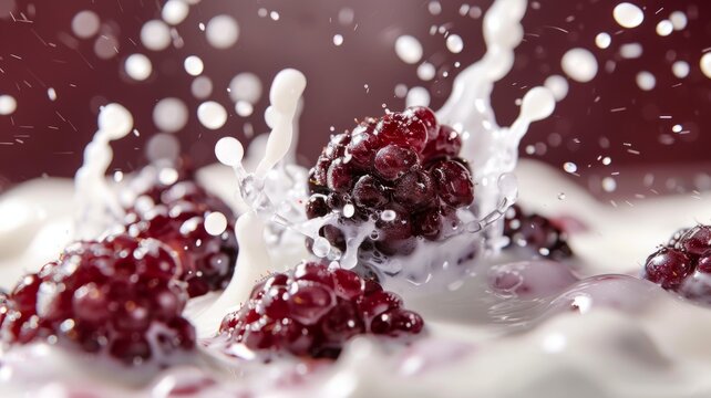 Raspberries in milk with an artistic splash effect - A sumptuously vibrant close-up image of raspberries immersed in a milk splash, depicting a sense of freshness and energy