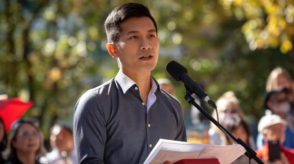 An Asian man speaks at a podium with a microphone in front of an audience