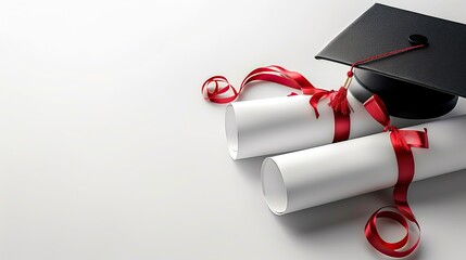 A graduation cap rests atop rolled diplomas tied with red ribbons against a light background