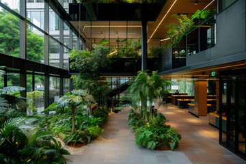 Fototapeta na wymiar Modern office lobby with indoor garden and glass facade. Biophilic design concept for interior, architecture, and workplace. Eco-friendly workspace design concept for interior, poster, and advertising