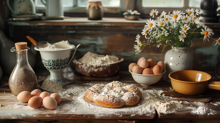 Fototapeta na wymiar A cake with powdered sugar on top is sitting on a wooden table. The table is surrounded by flowers and eggs, giving the impression of a festive celebration