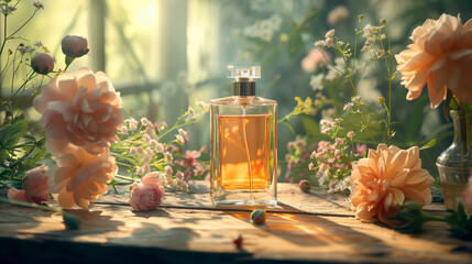 A mock up modern glass perfume bottle on wooden table in peach flowers garden with morning light background, a wide banner with copy space area