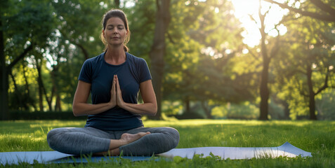middle age yoga women doing prayer relaxation pose on mat in natural green park garden