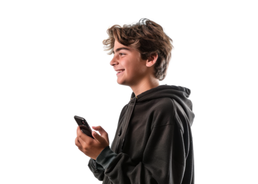 Young Man with Phone on Transparent Background