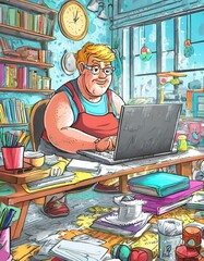 Homme accroc aux ordinateurs jouant dnas un bureau encombré en ia - obrazy, fototapety, plakaty