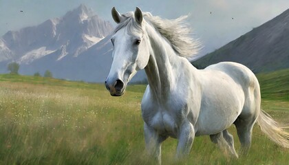 portrait d'un cheval blanc dans une prairie en ia