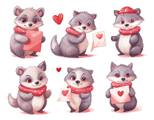 Fototapeta premium Cute racoon with hearts envelope. Happy Valentine's Day. Illustrations for poster, postcards isolated on white background.