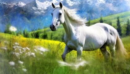 Obraz na płótnie Canvas peinture d'un beau cheval blanc dans les prés en ia