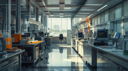 A state-of-the-art biotechnology laboratory with gene sequencing equipment, cell culture systems, and research workstations, momentarily unoccupied but ready for groundbreaking discoveries