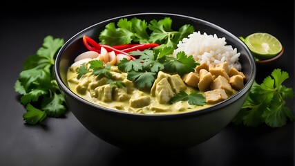 creamy green curry bowl isolated on a black background, showing a variety of healthful vegetarian dishes - obrazy, fototapety, plakaty