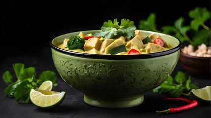 creamy green curry bowl isolated on a black background, showing a variety of healthful vegetarian dishes - obrazy, fototapety, plakaty