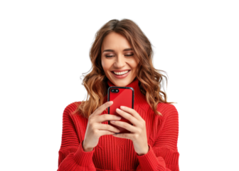 Smiling Woman Using Smartphone