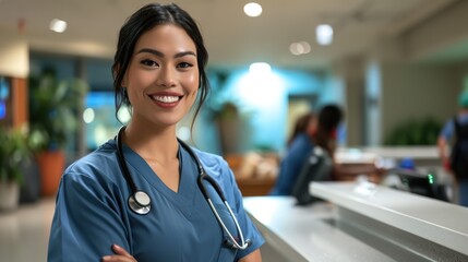 A female nurse with a stethoscope around her neck is smiling with her arms crossed. She is wearing blue scrubs and has dark hair. In the background, there are other people.