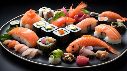 sushi assortment on a dish-seafood menu-salmon and fresh raw seafood-separated on black backdrop for menu card illustration