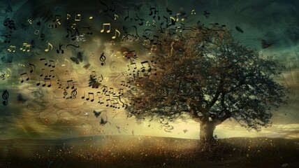 Tree with floating musical notes at sunset - Surreal and harmonious image of a lone tree with musical notes swirling around, set against an evocative sunset