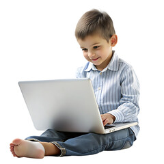 portrait of a cute little kid using laptop computer