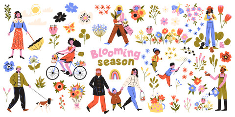Spring people. Flowering of nature, happy children and adults enjoy good weather, positive attitude, blooming season. Love couple and family cartoon flat style isolated tidy vector set