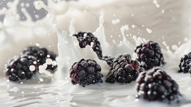 Fresh blackberries splashing in milk - Close-up image of blackberries falling into milk causing a splash around them, portraying freshness and vitality